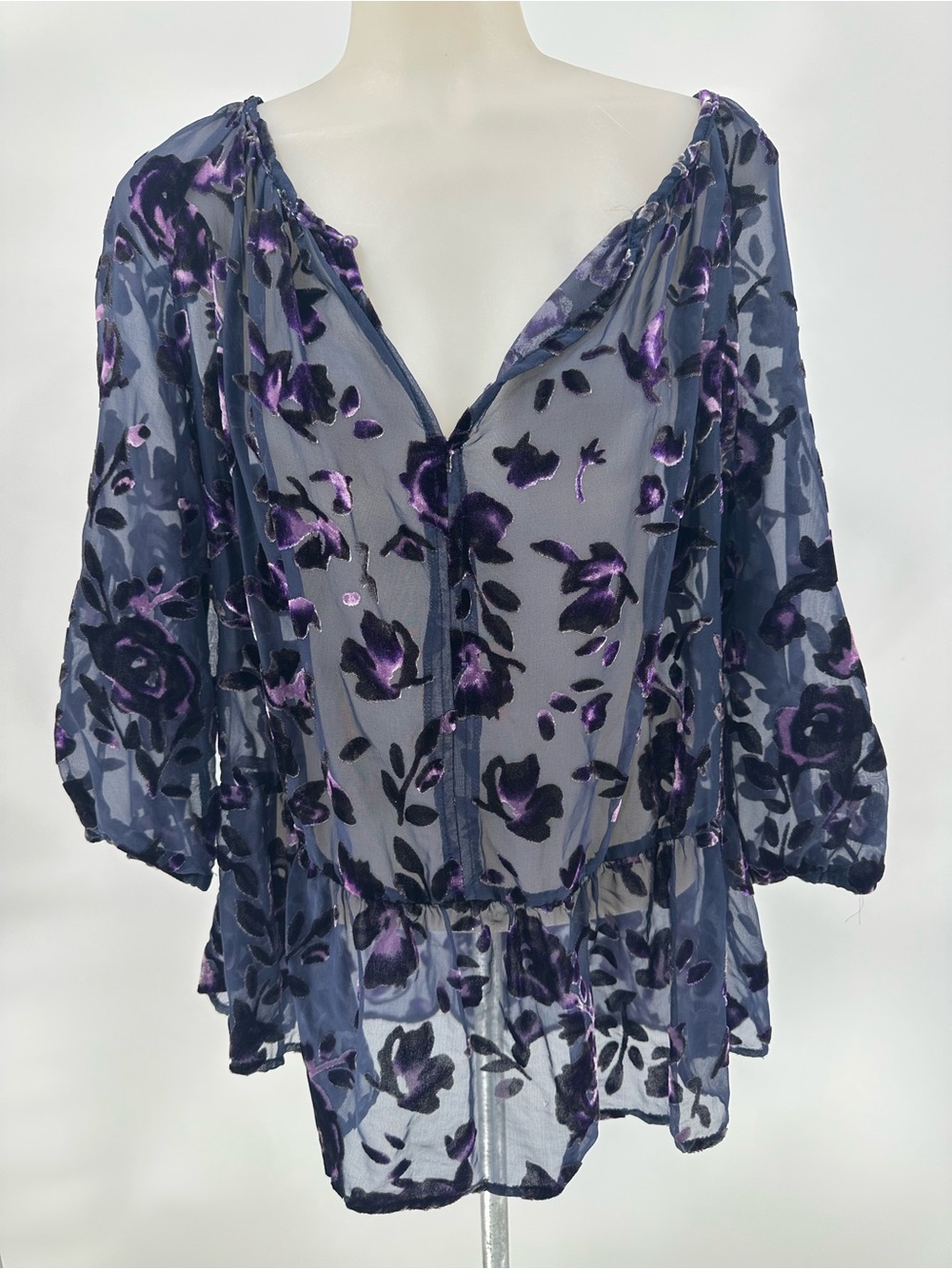 Faded Glory Semi Sheer Top purple Velvet Burnout Blouse Sz L Whimsigoth fairy